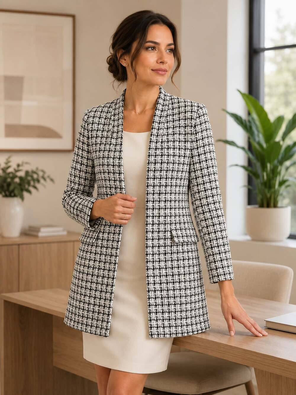 Calvin Klein Black White Tweed Long Open Front Blazer Jacket Size 0